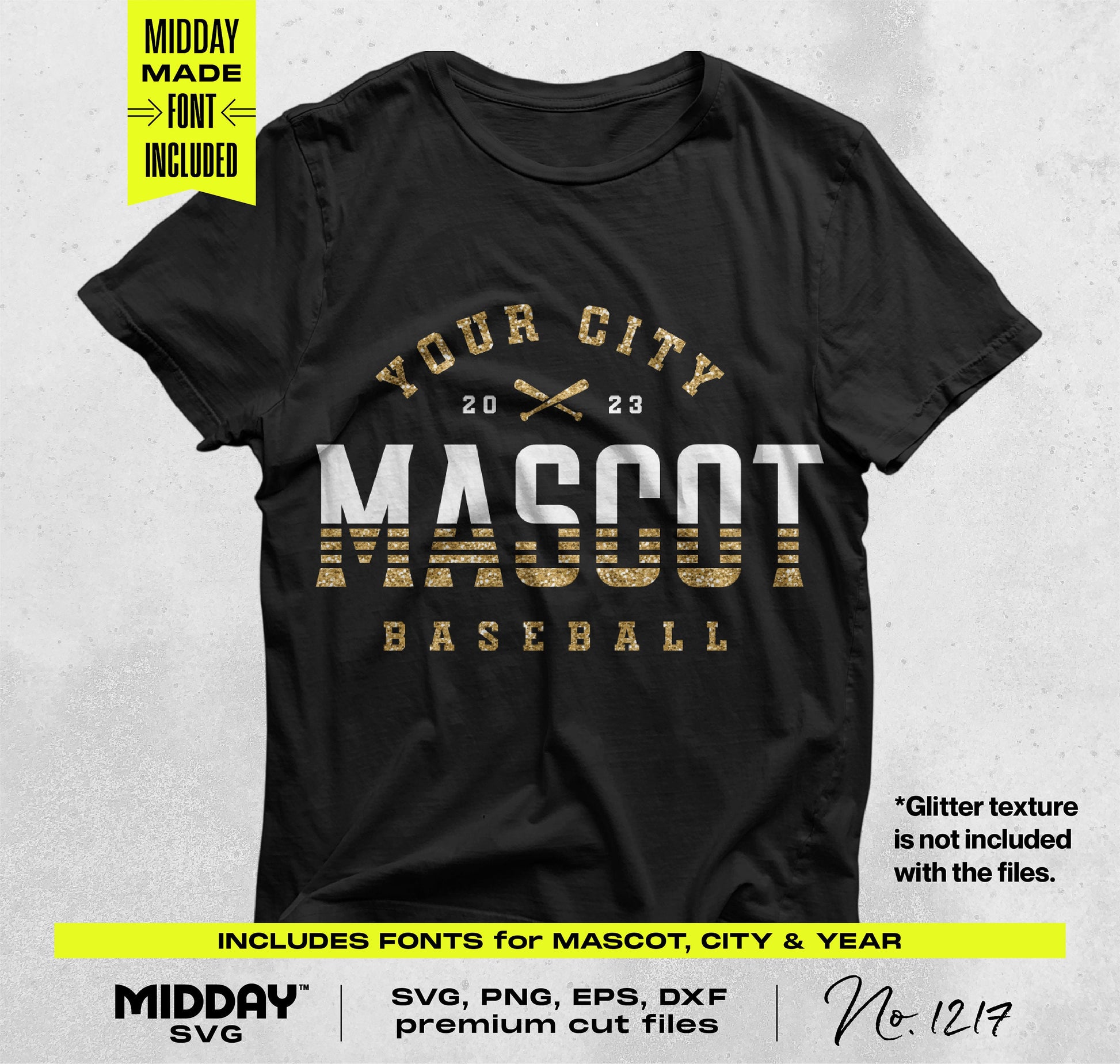 Custom baseball T-shirt design with "Your City Mascot 2023" in bold, with included fonts for personalization, available in SVG, PNG.