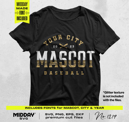 Custom baseball T-shirt design with "Your City Mascot 2023" in bold, with included fonts for personalization, available in SVG, PNG.