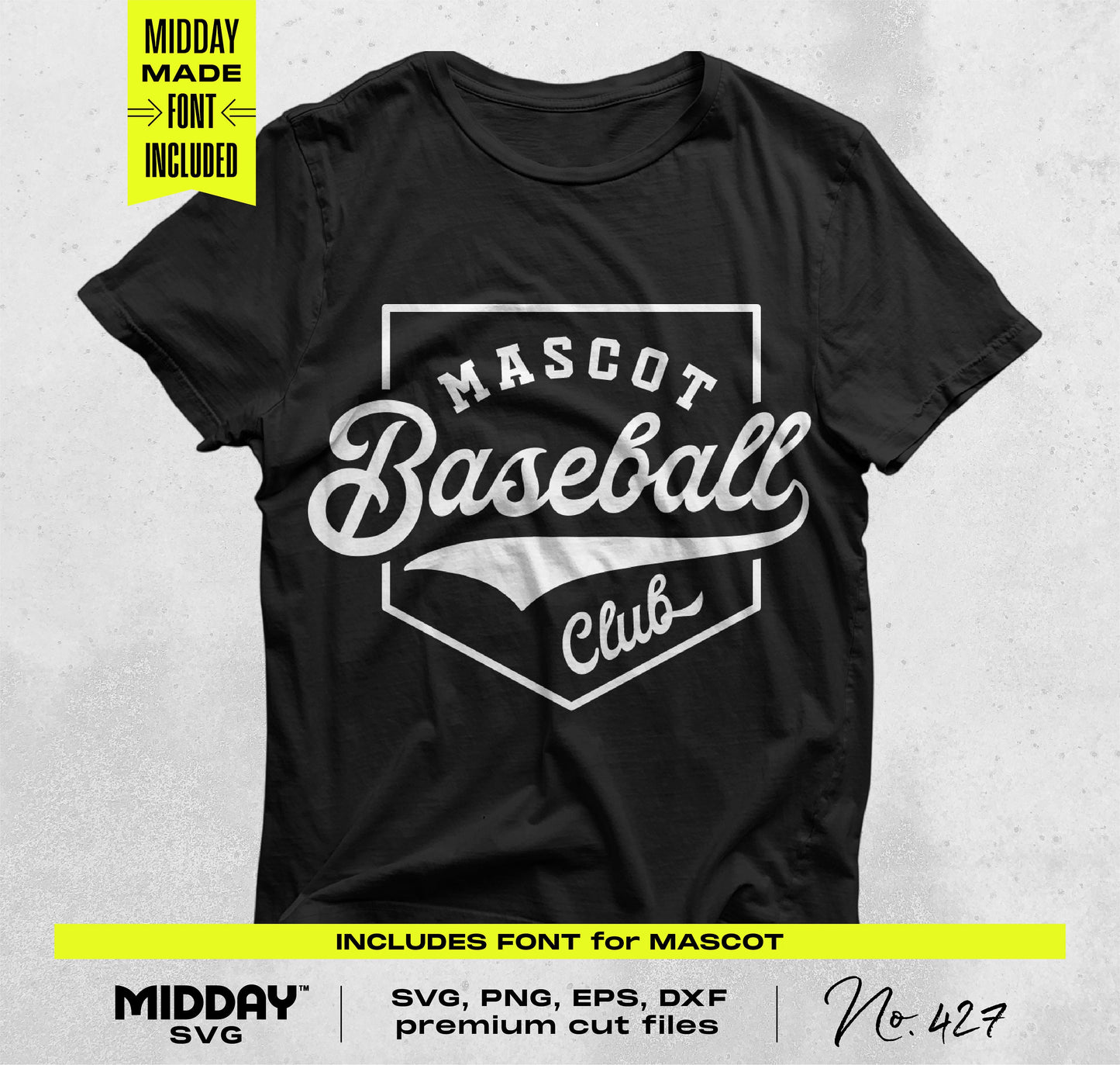 Black t-shirt with "Mascot Baseball Club" logo design, includes font, suitable for SVG, PNG, EPS, DXF formats.