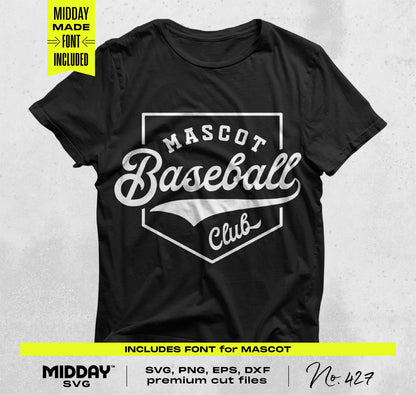 Black t-shirt with "Mascot Baseball Club" logo design, includes font, suitable for SVG, PNG, EPS, DXF formats.