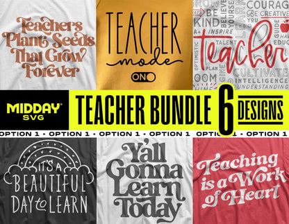 Teacher SVG PNG Bundle Pack with 6 unique school-themed designs for creative projects and classroom decor.