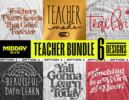 Teacher SVG PNG Bundle Pack with 6 unique school-themed designs for creative projects and classroom decor.