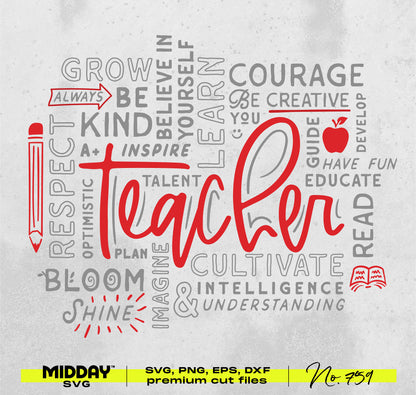 Inspire and Educate Digital Teacher SVG design featuring motivational words in gray and red, ideal for school projects and decor.