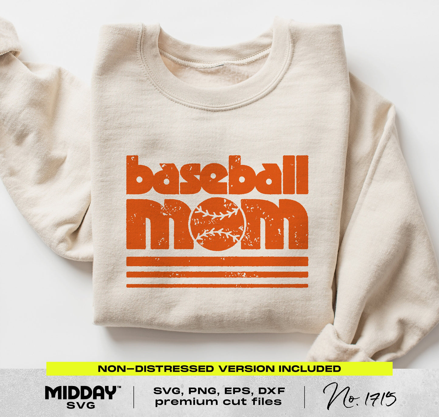 70s inspired Baseball Mom design on a cream sweatshirt featuring retro text and baseball graphics, available in SVG, PNG format.