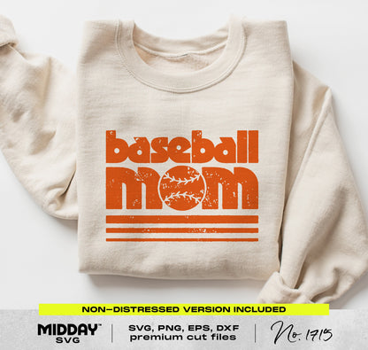 70s inspired Baseball Mom design on a cream sweatshirt featuring retro text and baseball graphics, available in SVG, PNG format.