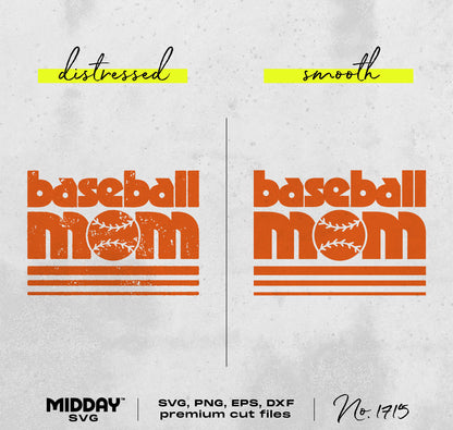 70s inspired Baseball Mom SVG PNG design, includes distressed and smooth versions, perfect for sports-themed apparel and accessories.