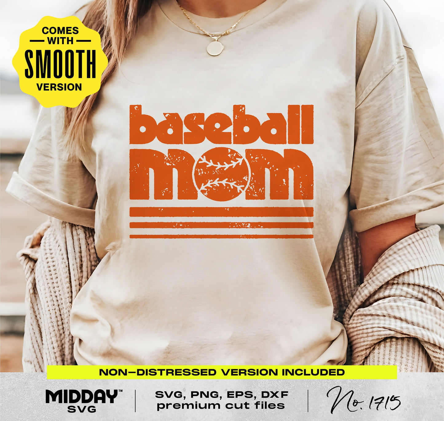 Woman wearing 70s inspired Baseball Mom t-shirt with smooth version badge, showcasing sports mom design in orange text.