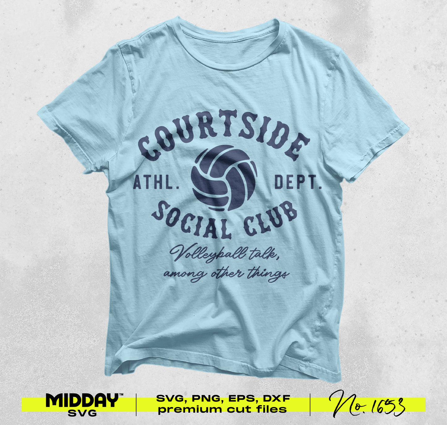 Light blue t-shirt with volleyball graphic and 'Courtside Social Club' text. Includes SVG, PNG, EPS, DXF cut files. Perfect for Cricut and Silhouette.