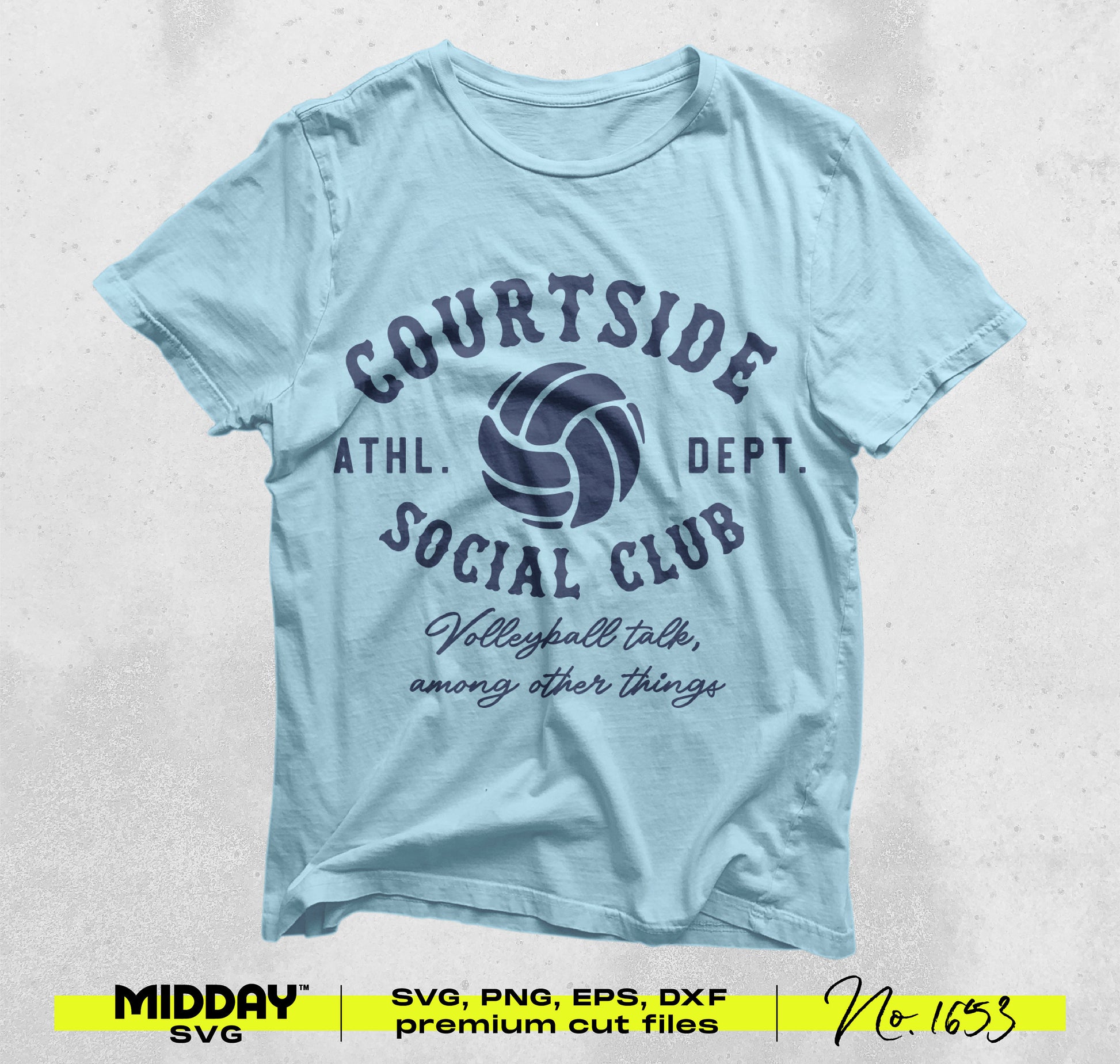 Light blue t-shirt with volleyball graphic and 'Courtside Social Club' text. Includes SVG, PNG, EPS, DXF cut files. Perfect for Cricut and Silhouette.