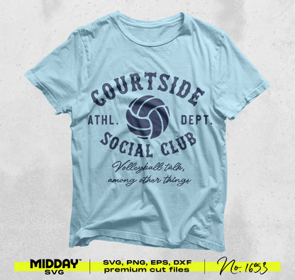 Light blue t-shirt with volleyball graphic and 'Courtside Social Club' text. Includes SVG, PNG, EPS, DXF cut files. Perfect for Cricut and Silhouette.