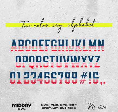 Two-color SVG alphabet set with red and blue striped letters and numbers, suitable for DIY projects and digital downloads.