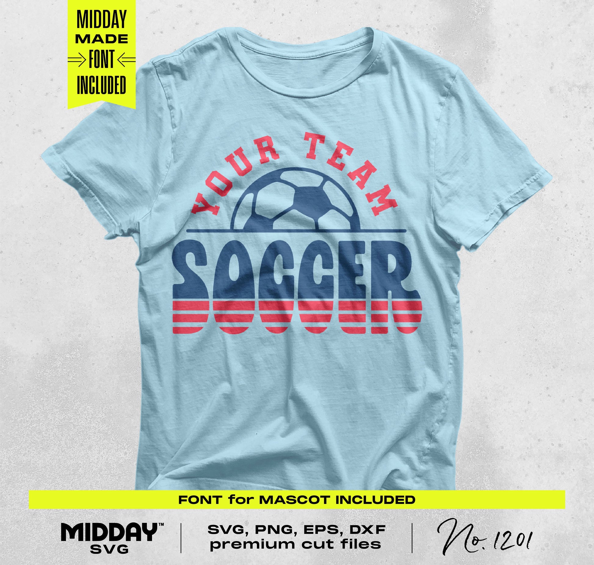 Blue soccer t-shirt with customizable team logo from Soccer SVG PNG Bundle V3 for DIY projects, featuring bold font and design.