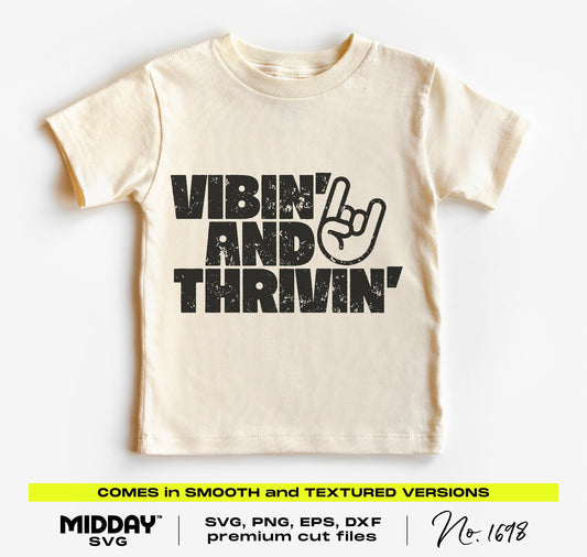 Cream kids t-shirt with 'Vibin' and Thrivin'' print, rock hand graphic, ideal for DIY projects, SVG PNG DXF files included.