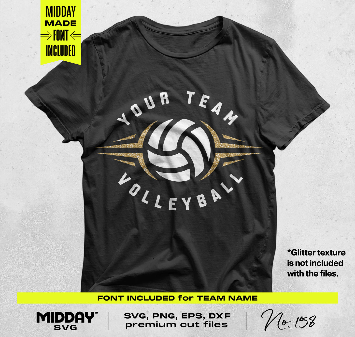 Black t-shirt with a customizable volleyball graphic design for team apparel, includes Cricut cut files, glitter not included.