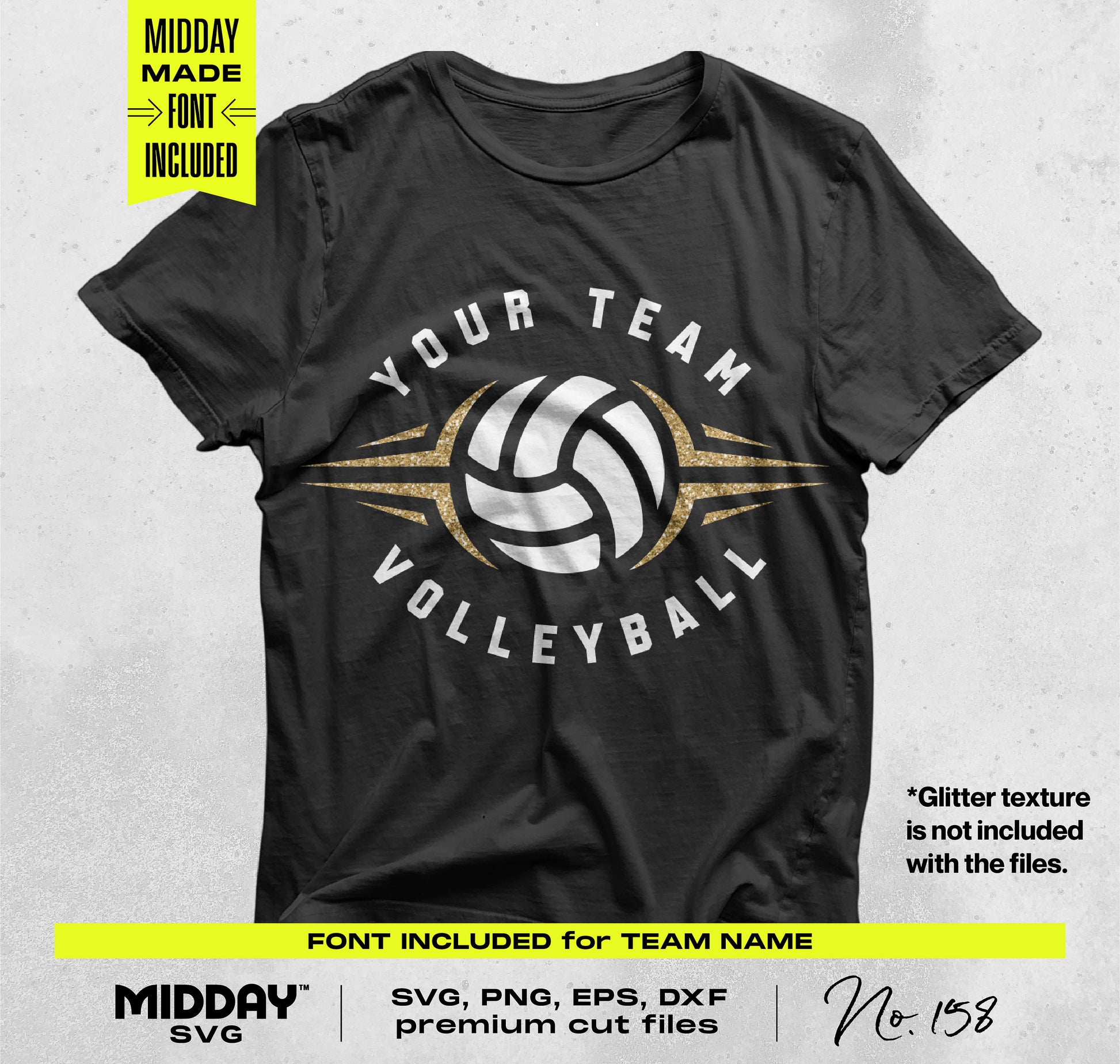Black t-shirt with a customizable volleyball graphic design for team apparel, includes Cricut cut files, glitter not included.