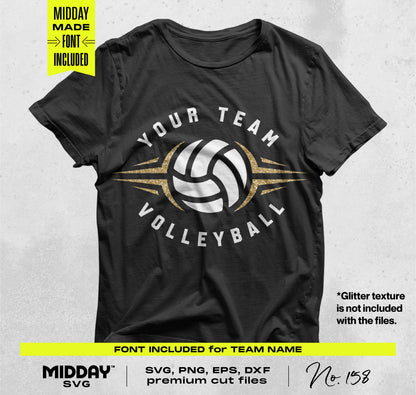 Black t-shirt with a customizable volleyball graphic design for team apparel, includes Cricut cut files, glitter not included.