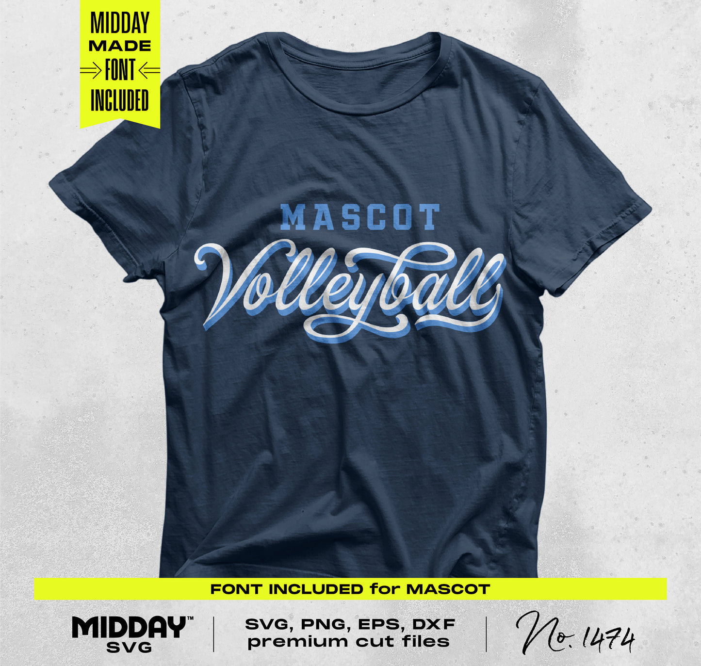 Navy t-shirt with 'Mascot Volleyball' design, featuring SVG, PNG, EPS, DXF cut files, and font included for DIY crafting.