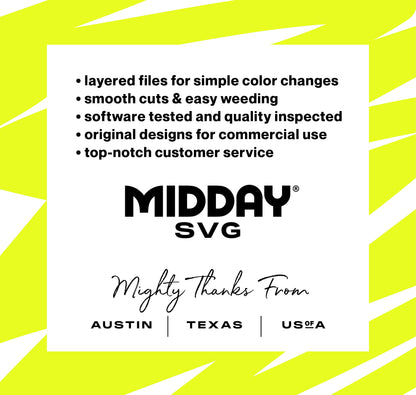 Midday SVG promotional graphic highlighting layered files, easy weeding, quality inspection, and customer service, set against a vibrant background.