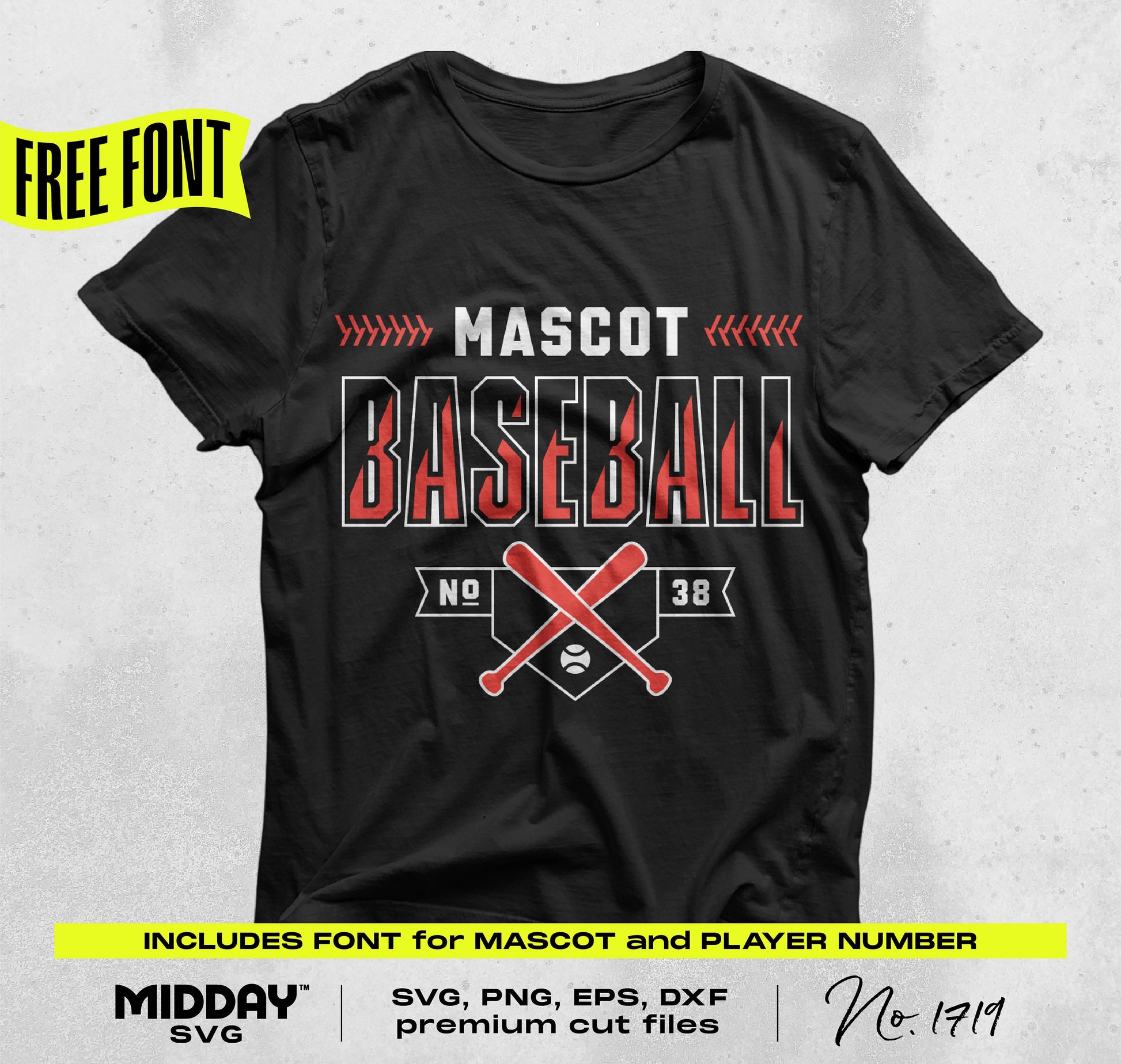 Black t-shirt with Baseball SVG DIY template featuring mascot, number, and bats. Includes free font for customization.