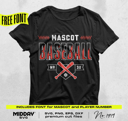 Black t-shirt with Baseball SVG DIY template featuring mascot, number, and bats. Includes free font for customization.