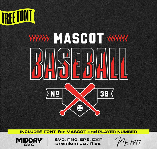 Home Plate Baseball SVG template with font for mascot and player number, includes bats and ball graphic, ideal for DIY team jerseys.