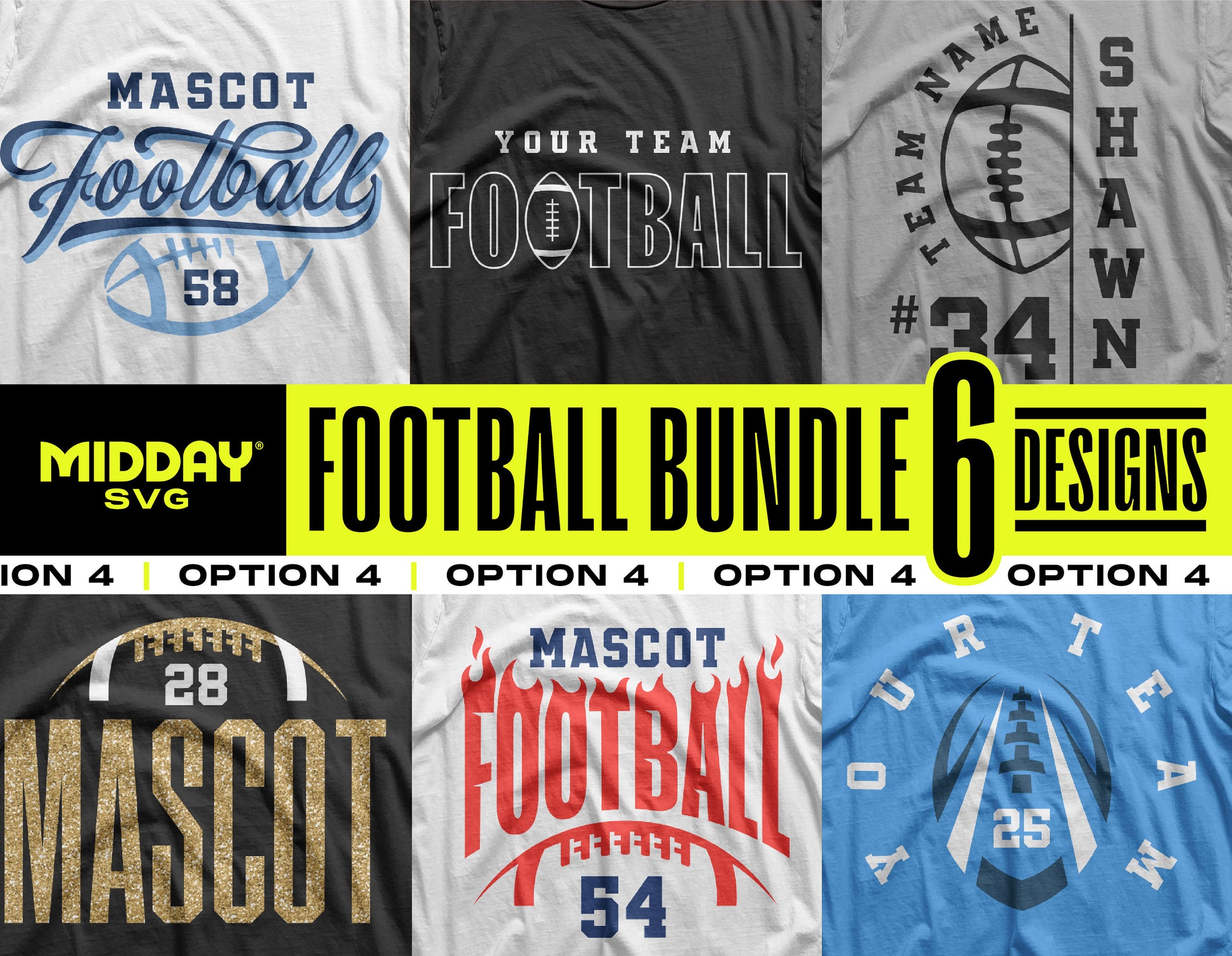 Football SVG PNG Bundle with 6 custom designs for team shirts, Mascot and Your Team options. Perfect for crafting and personalization.