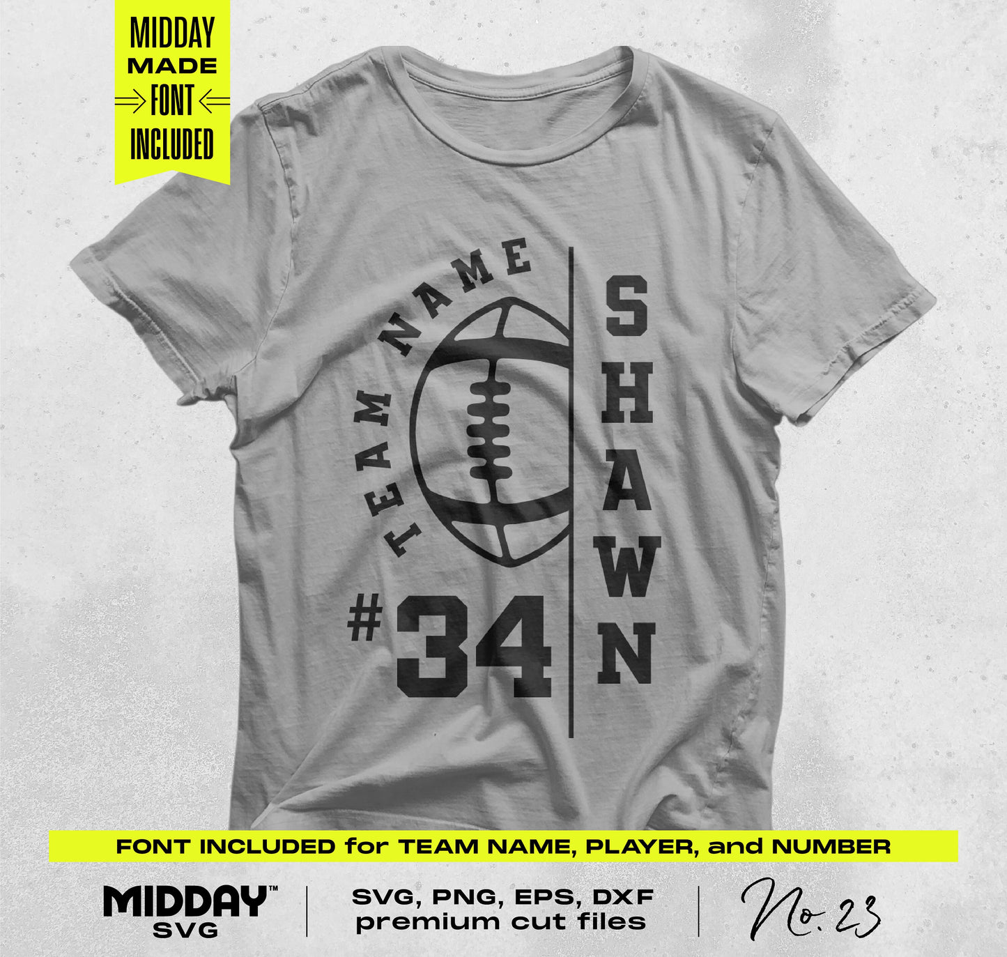 Gray t-shirt with customizable football SVG design, featuring player name and number, ideal for team shirts and sporty crafting projects.