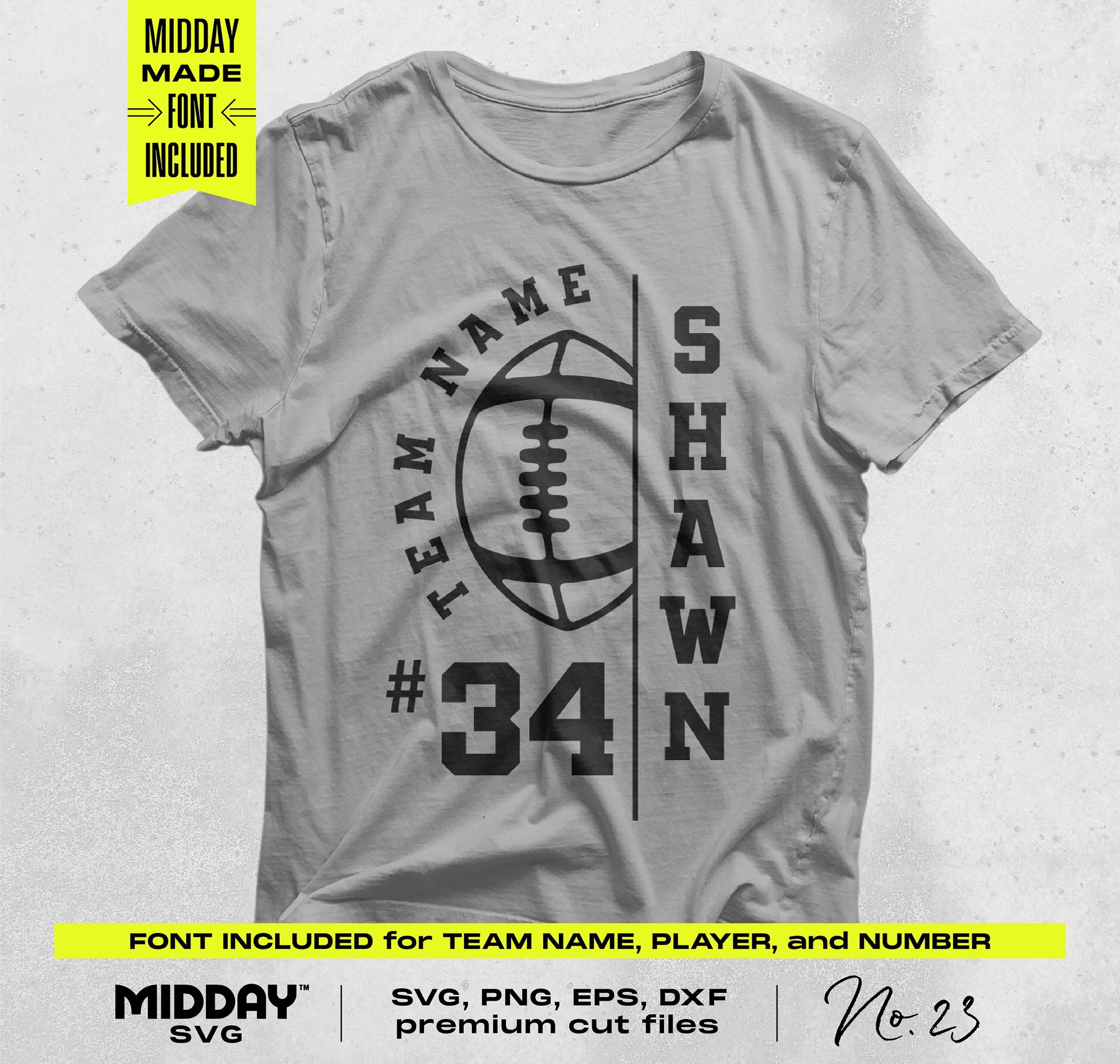 Gray t-shirt with customizable football SVG design, featuring player name and number, ideal for team shirts and sporty crafting projects.