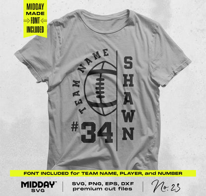 Gray t-shirt with customizable football SVG design, featuring player name and number, ideal for team shirts and sporty crafting projects.