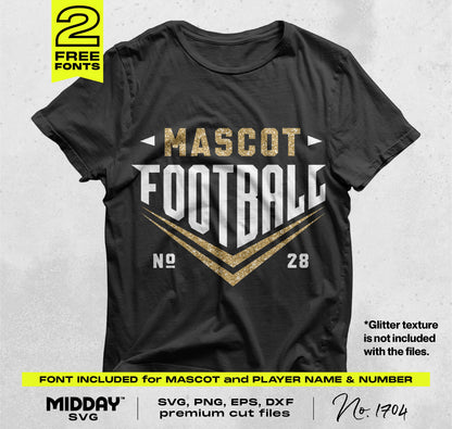 Black football-themed T-shirt mockup with customizable SVG design, featuring gold and white lettering, ideal for sports fan apparel crafting.
