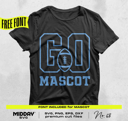 "Black T-shirt with blue 'GO Mascot' design and football icon. Free font included for crafting and team apparel customization."