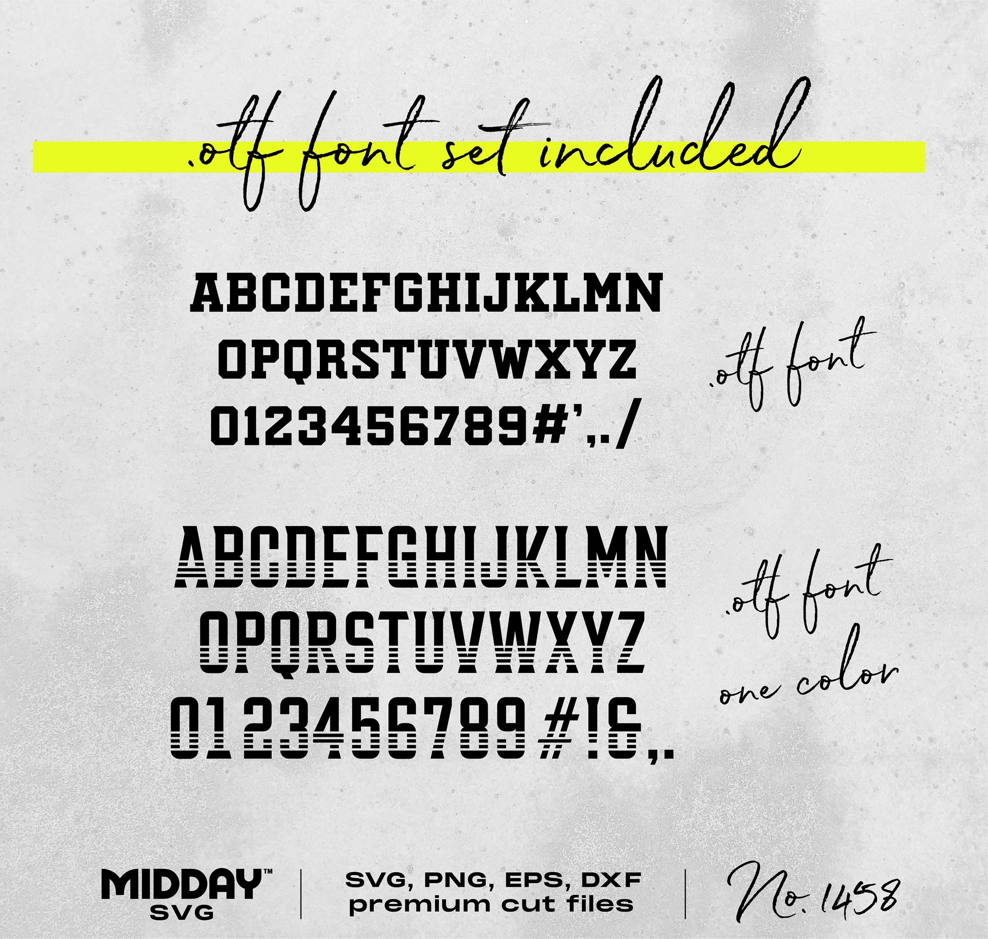 Premium OTF font set with uppercase letters, numbers, and symbols in bold and one color styles, includes SVG and PNG formats.