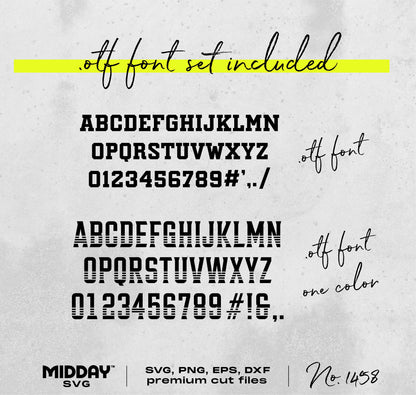 Premium OTF font set with uppercase letters, numbers, and symbols in bold and one color styles, includes SVG and PNG formats.