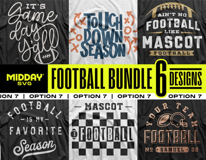 Football SVG PNG Bundle V7 featuring six team designs for customizing shirts and decor, perfect for crafting football-themed gifts.