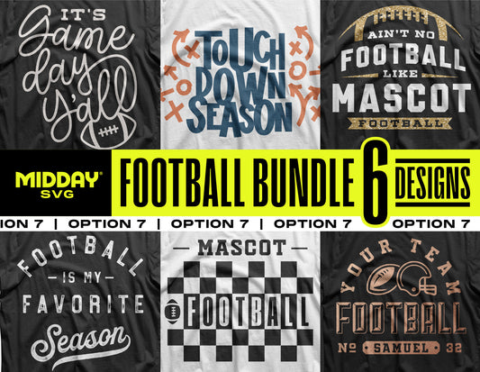 Football SVG PNG Bundle V7 featuring six team designs for customizing shirts and decor, perfect for crafting football-themed gifts.
