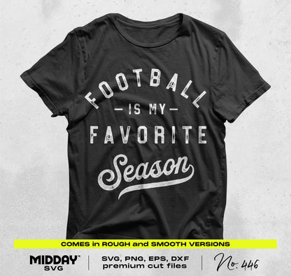 Black t-shirt displaying 'Football is my Favorite Season' design, part of Football SVG PNG Bundle V7 for crafting projects.