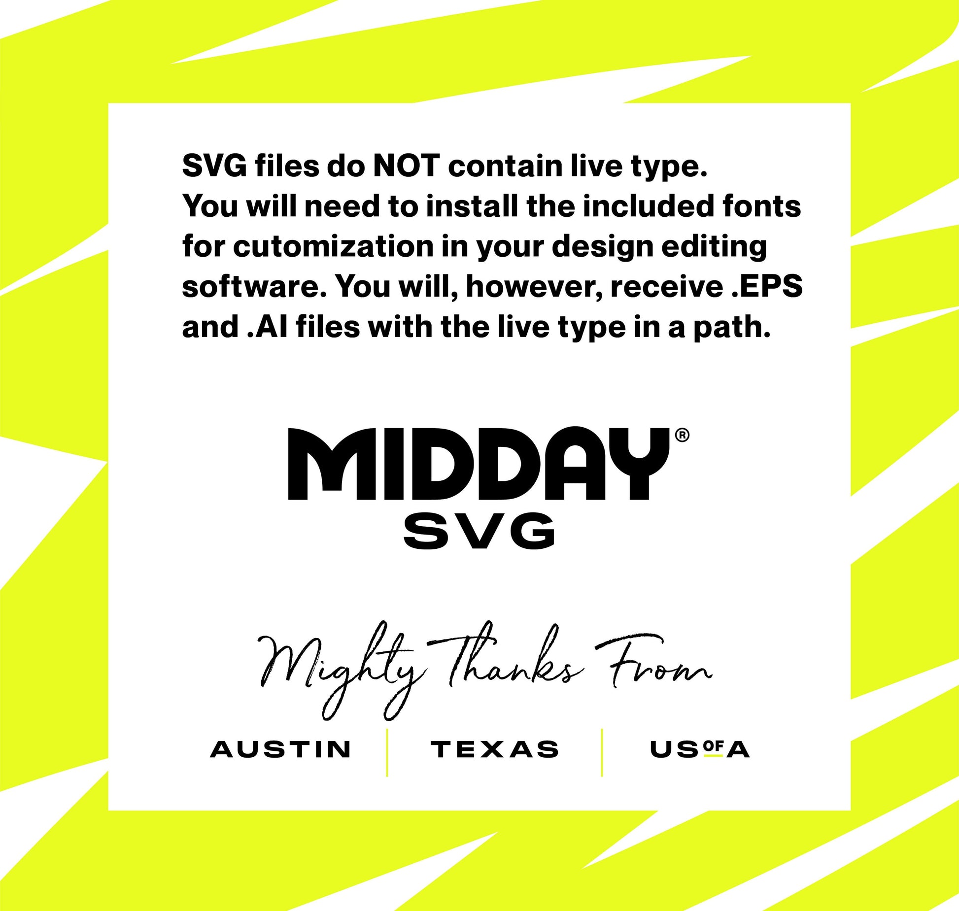 Instructions for using Midday SVG files with fonts, emphasizing installation for customization and format details, styled text on yellow background.