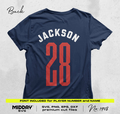 Baseball SVG PNG design on navy shirt with custom player name and number in red and white, includes fonts for crafting projects.