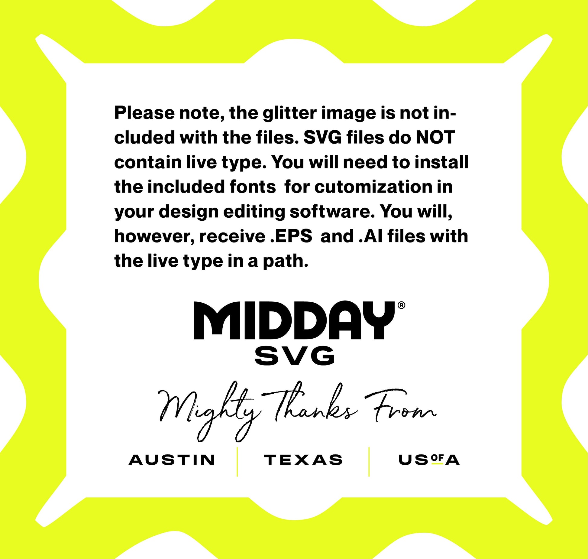SVG file disclaimer indicating customization requirements and included file formats, displayed against a yellow background.