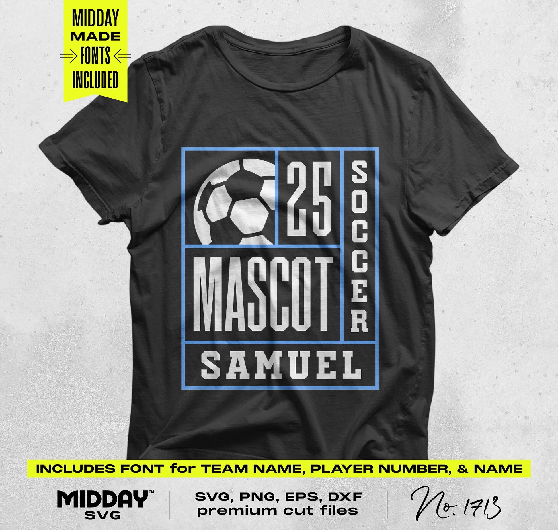 Black t-shirt with custom soccer design featuring ball, number 25, mascot, and player name in bold, ideal for DIY sports apparel.