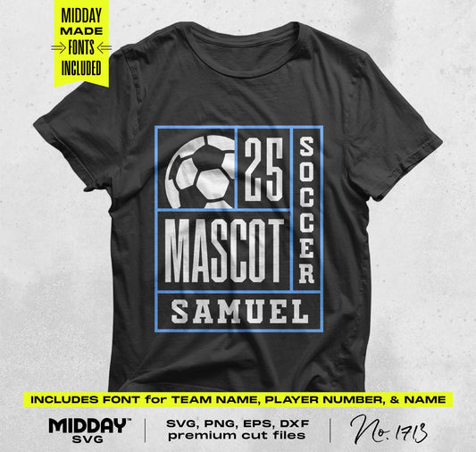 Black t-shirt with custom soccer design featuring ball, number 25, mascot, and player name in bold, ideal for DIY sports apparel.