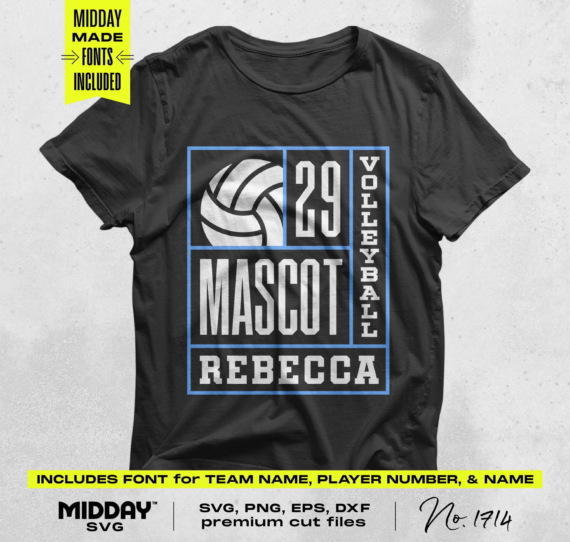 Black volleyball shirt design with customizable player number, mascot, and name in SVG, PNG formats; perfect for team gear.