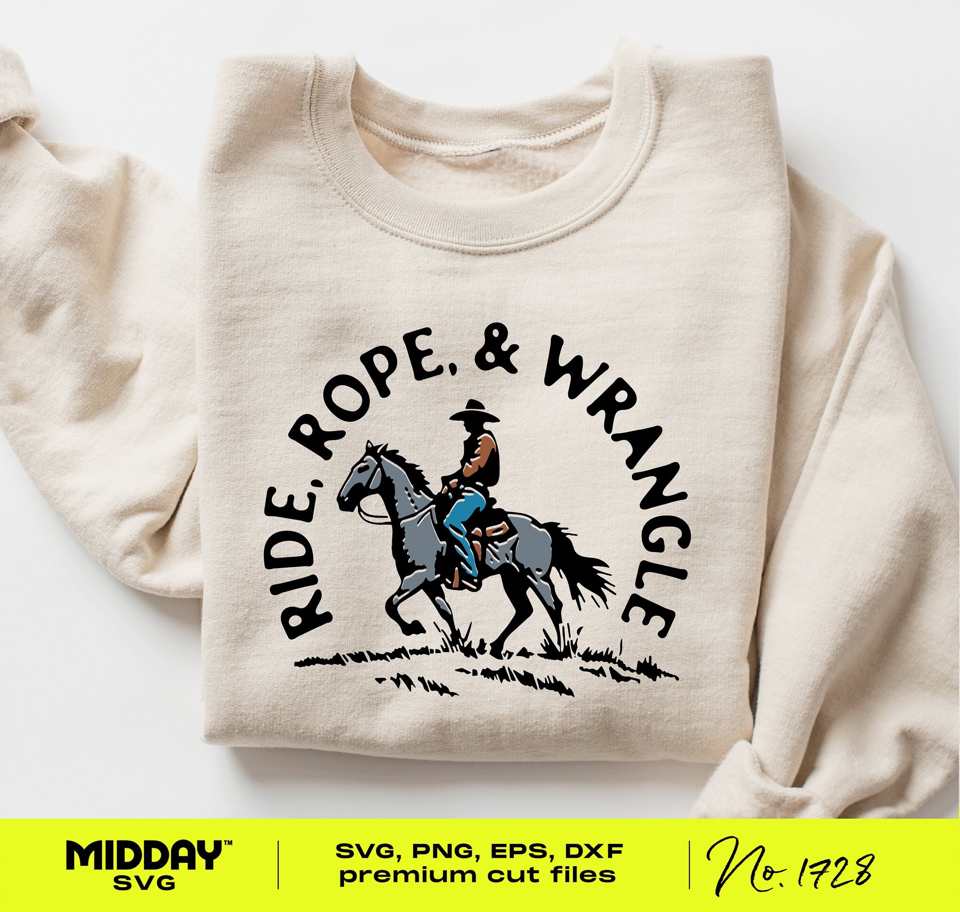 Funny cowboy shirt with 'Ride, Rope & Wrangle' western design, perfect for crafting projects and DIY gifts, available in SVG and PNG.