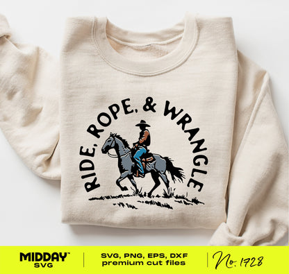 Funny cowboy shirt with 'Ride, Rope & Wrangle' western design, perfect for crafting projects and DIY gifts, available in SVG and PNG.