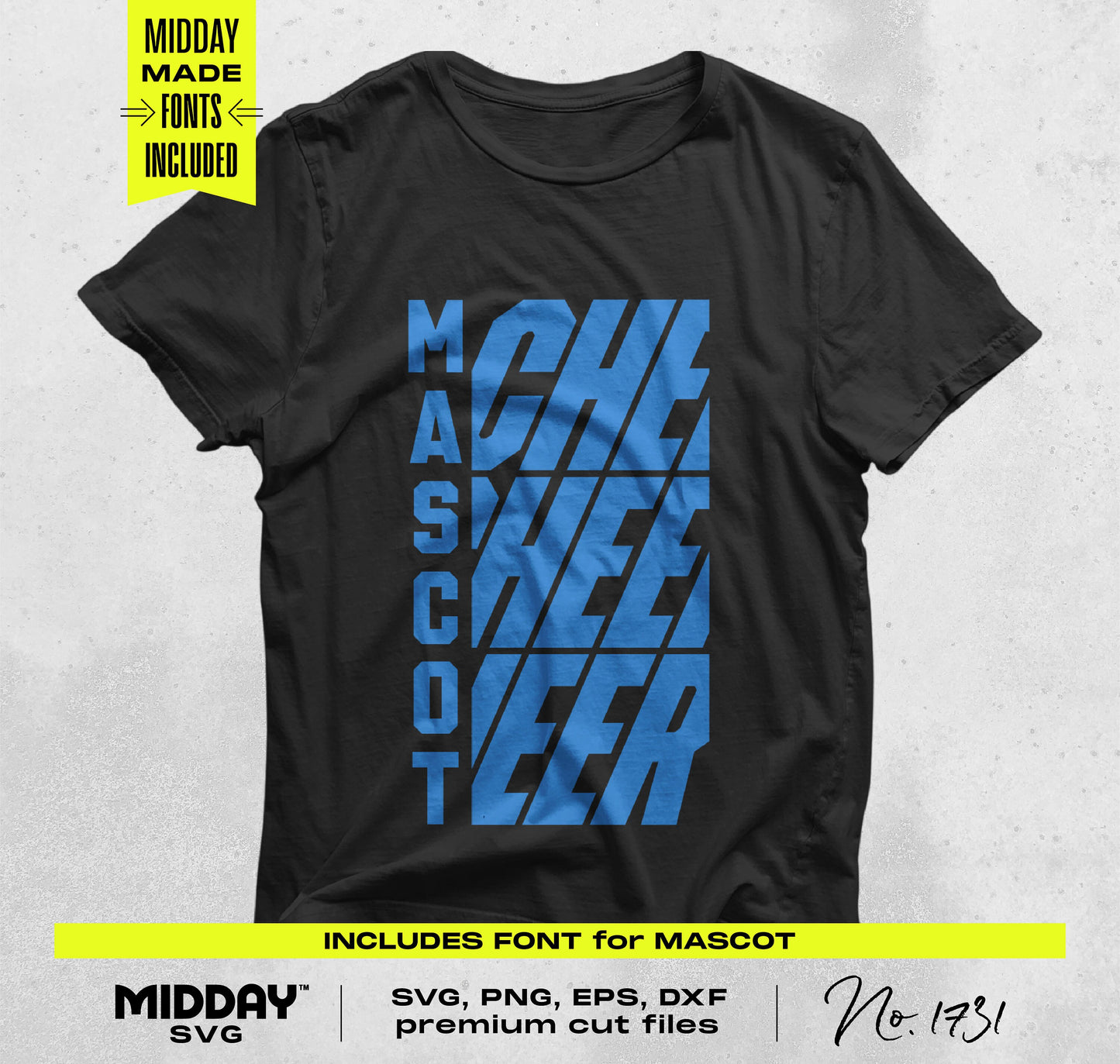 Bold Cheer Team Template SVG design on black t-shirt with blue stacked typography for cheerleader crafts.