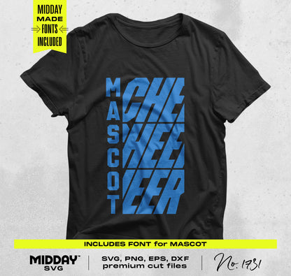 Bold Cheer Team Template SVG design on black t-shirt with blue stacked typography for cheerleader crafts.