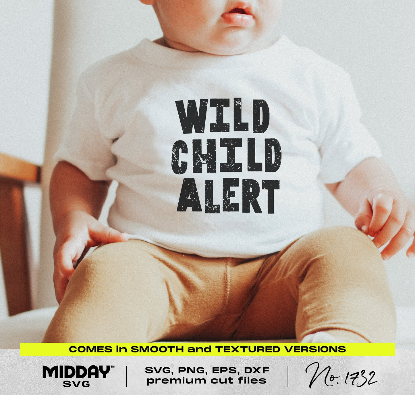 Funny "Wild Child Alert" design on toddler's white shirt, perfect for SVG or PNG projects for kids' apparel and nursery decor.