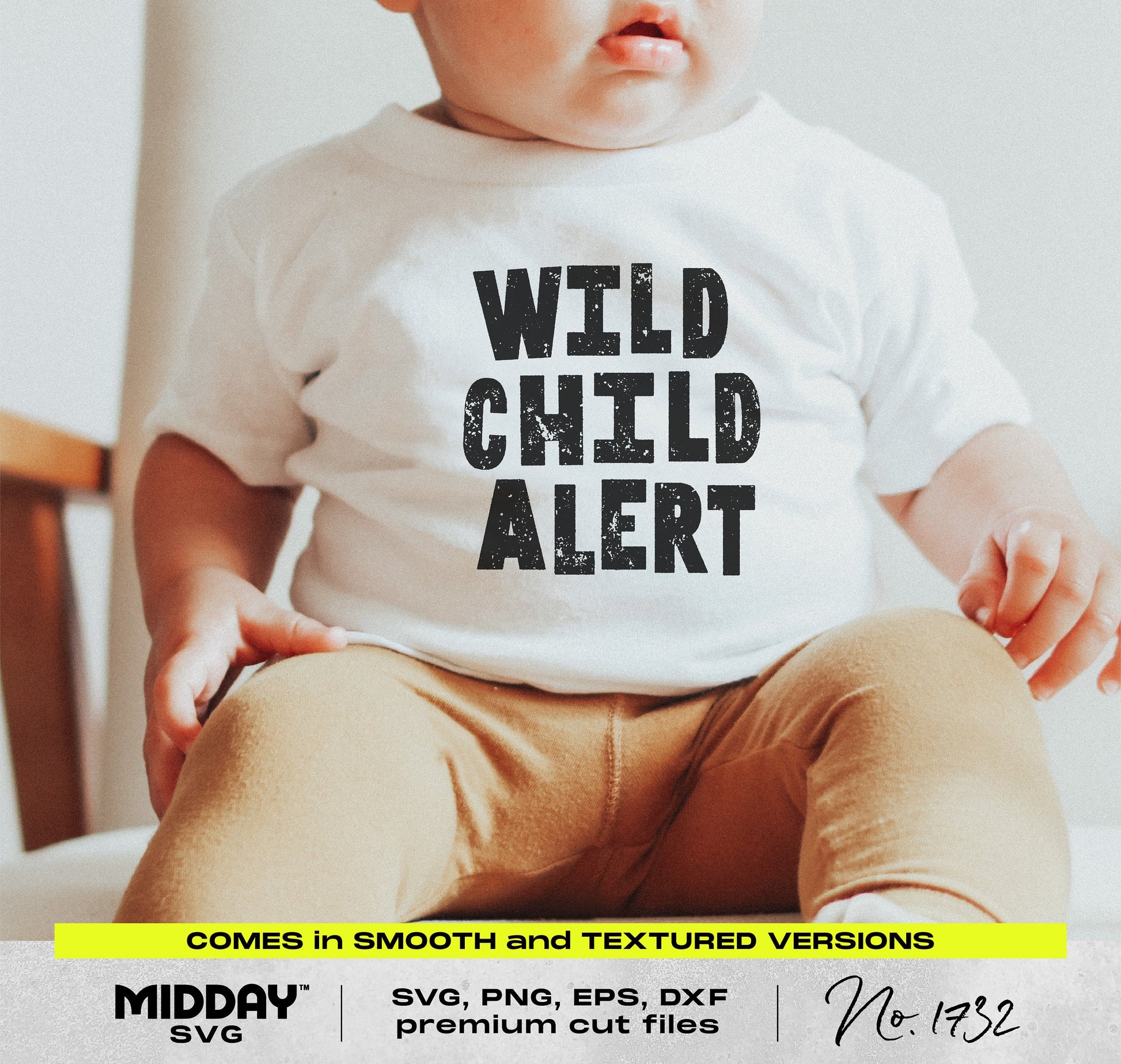 Funny "Wild Child Alert" design on toddler's white shirt, perfect for SVG or PNG projects for kids' apparel and nursery decor.