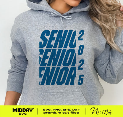 Gray hoodie featuring blue 'Senior 2025' design, ideal for personalized graduation apparel and gifts, showing school spirit and style.