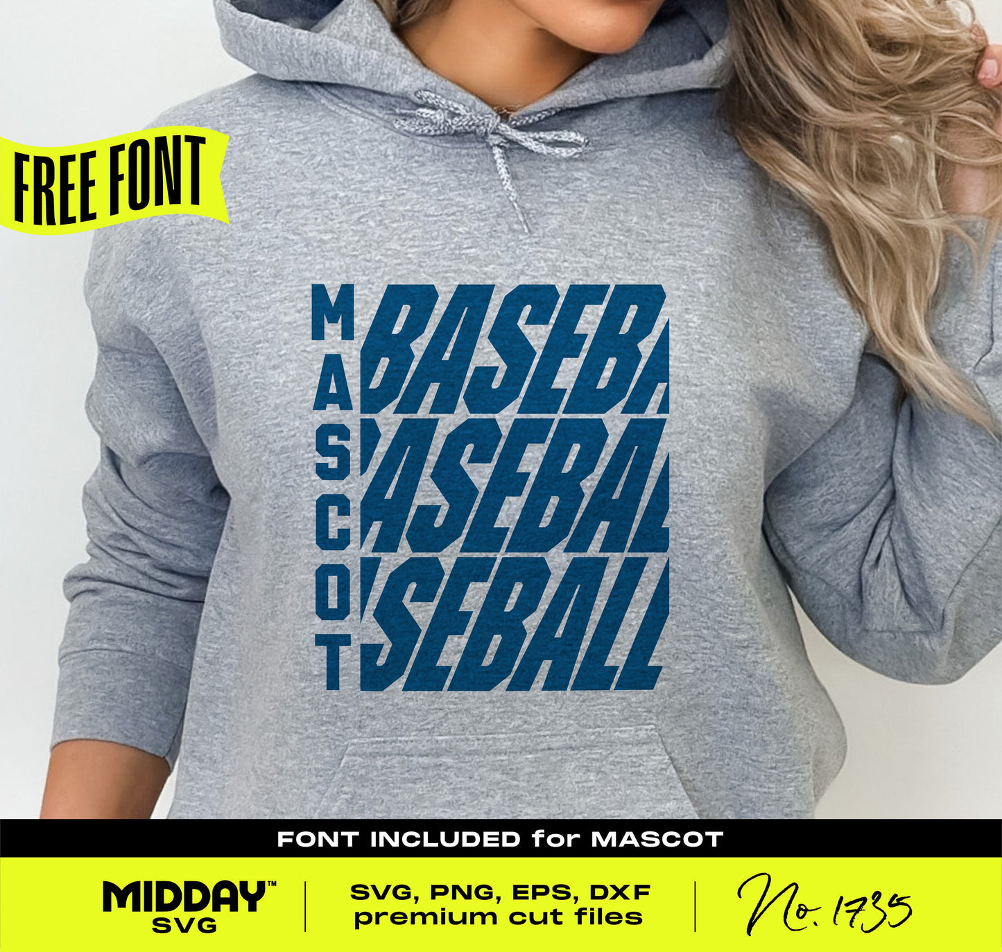 Gray hoodie featuring customizable baseball team template with mascot font, ideal for DIY athletic gear designs in SVG and PNG.